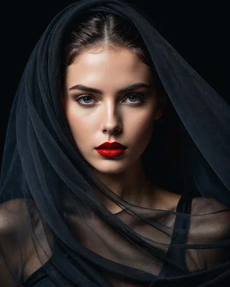 In this masterpiece of photography, captured by a Fujifilm camera, a minimalist black background serves as the canvas for an exquisite portrait. The woman's face emerges, partially obscured by sheer transparent flowing fabric, creating an enigmatic and mysterious atmosphere. Sharp red lipstick accentuates her lips, adding a striking contrast against the dark tones of the composition. With ultra-realistic precision, every detail is rendered in insanely high resolution, making the image come alive in 8K HDR. The subtle gradient backdrop enhances the tranquil yet evocative aura, while the conceptual portraiture delves into the depths of perception. This stunning portrayal, enriched with a play on perception and visual metaphor, transports the viewer into a realm of surreal calm, where the beauty of minimalist abstraction meets the complexity of the human psyche.