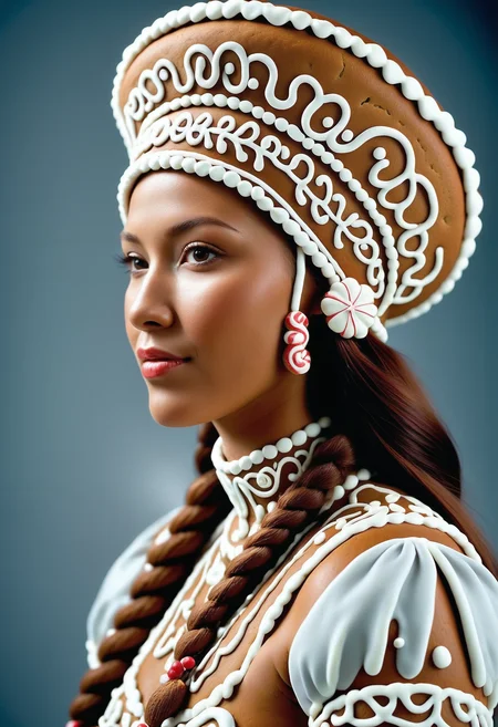 Gingerbread, icing, candy, <lora:GingerbreadStyle_epoch_10:0.7>, photograph, award winning, side-profile of a (Female:1.3) , she is wearing a headwear, her headwear, Relaxed, atmospheric perspective, Movie concept art, arthouse, High quality, RAW photo, womanly, magical atmosphere, enhanced quality, deep aesthetic,