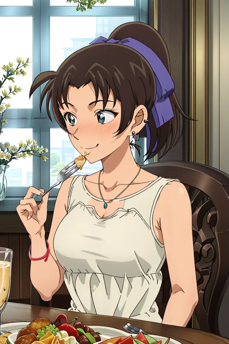 kazuhatv,1girl,solo,short hair,hair ribbon,ponytail,medium breasts,nose blush,embarrassed, sleeveless dress,earrings, indoors, banquet,table, smile, necklace, table,fork,eating, chalice, food, flower, window,
<lora:kazuhatv:0.8>