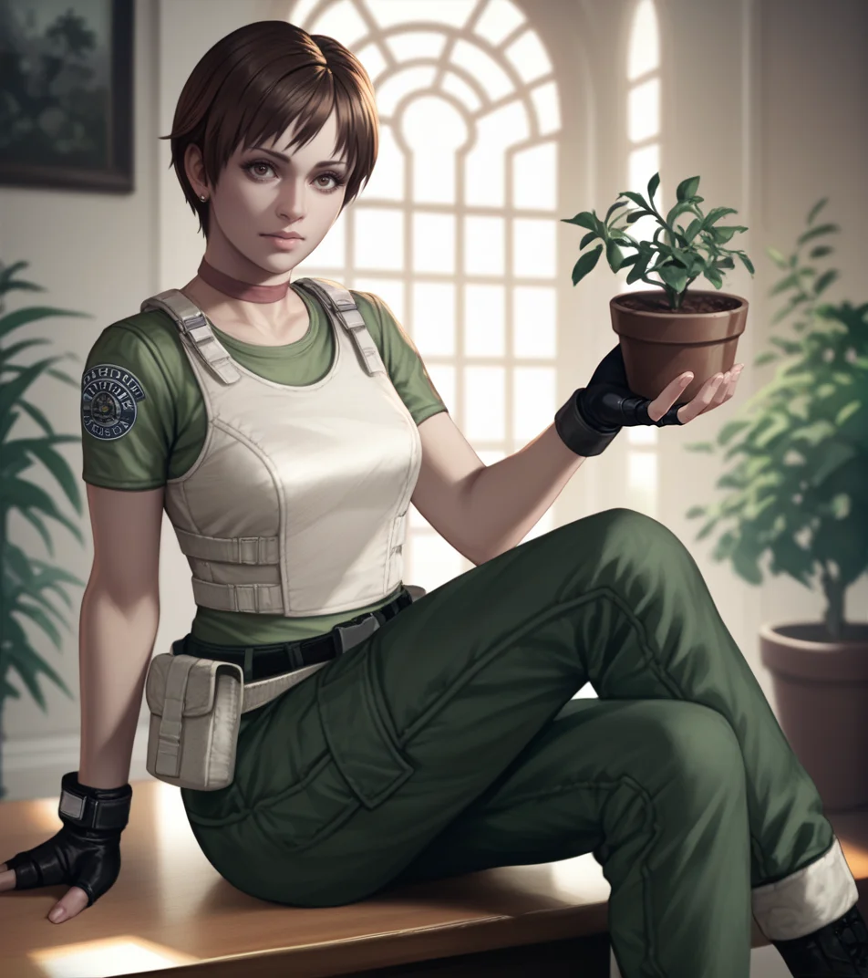 score_9, score_8_up, score_7_up, score_6_up, score_5_up, score_4_up, source_anime, realistic, photoshop \(medium\), <lora:Becky_t1_Pony-000014-128:1.0> 1girl, Rebecca Chambers, brown eyes, fingerless gloves, sitting, holding a potted plant
, indoors, decrepit mansion