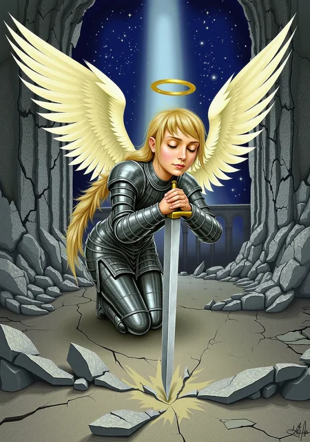 Ebru, Paper Marbling, blonde female angel with large unfurled wings and halo, eyes closed in prayer, blonde ponytail with bangs, wearing plate armor, leaning on claymore longsword hands clasped around the handle, the tip of the sword is against the ground, cracks in concrete emanating from her in a collapsed chapel with caved in ceiling, with stained glass in the background, pitch back night with stars the only light coming heavenly cone of light, full body, depth of field, innocent face, her hands are not deformed<lora:Marbled_Magic_Paper_Marbling_FLUX_V1.safetensors:1:1>