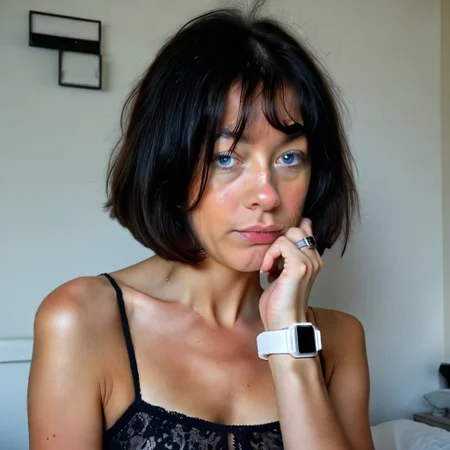 Realistic, <LoRa: smart watch: 0.9>, Random nsfw scene, slender Irish woman, 25years, black hair, bob hairstyle, realistic, (wearing a white smart watch), vivid blue eyes,Lora, Stable_Yogis_PDXL_Positives, Stable_Yogis_PDXL_Negatives, Smart_watch,