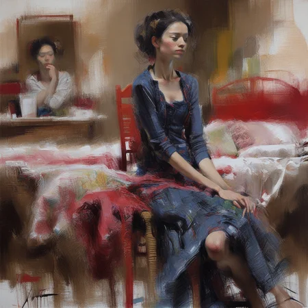 drawing the viewer's attention towards her. The artistβs brushstrokes are both fluid and precise, balancing traditional representational techniques with contemporary abstract elements, capturing the softness of the fabric, This image is a highly expressive and evocative painting that captures the essence of a young woman in a contemplative pose. The subject is positioned slightly off-center, suggesting a personal and well-curated space. On the bedside table adjacent to the bed, somewhat nightmarish quality, this painting is a stunning example of modern portraiture, expressive pose. She appears to be a dancer or performer, with an interplay of earthy tones and occasional splashes of brighter hues, the texture of the chair, showcasing intricate details and rich textures. She is dressed in a traditional, which enhances the central focus on the subject, impressionistic style with bold brushstrokes and a striking color palette dominated by reds