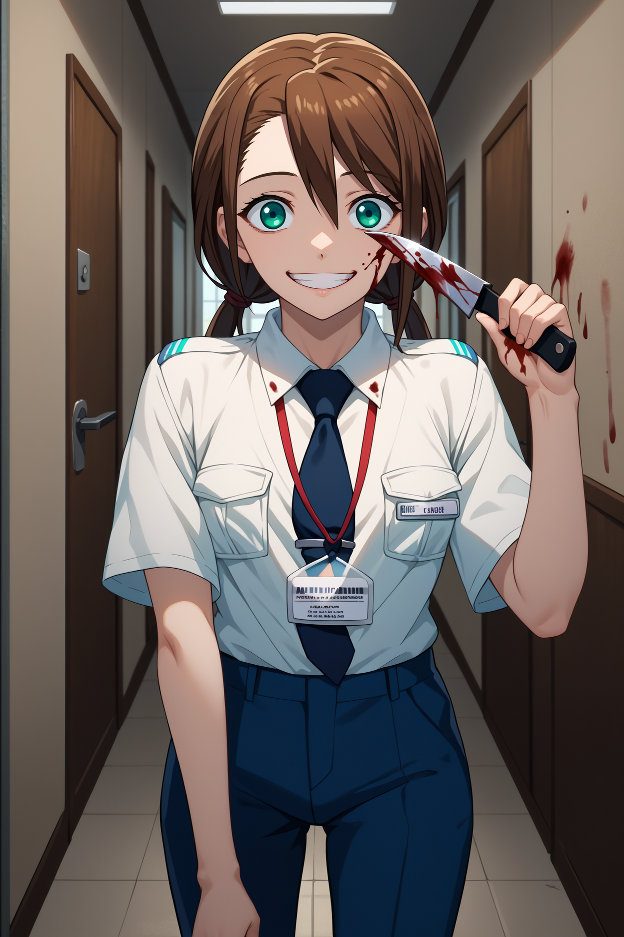 score_9, score_8_up, score_7_up, score_6_up, source_anime, 1girl, solo,  <lora:rnnae-pdxl-nvwls-v1-000005:1> tennoujinae, brown hair, low twintails, turquoise eyes, white shirt, collared shirt, short sleeves, dark blue necktie, lanyard, blue pants, grin, yandere, empty eyes, holding knife, knife, hallway, looking at you, blood splatter, blood, hand up