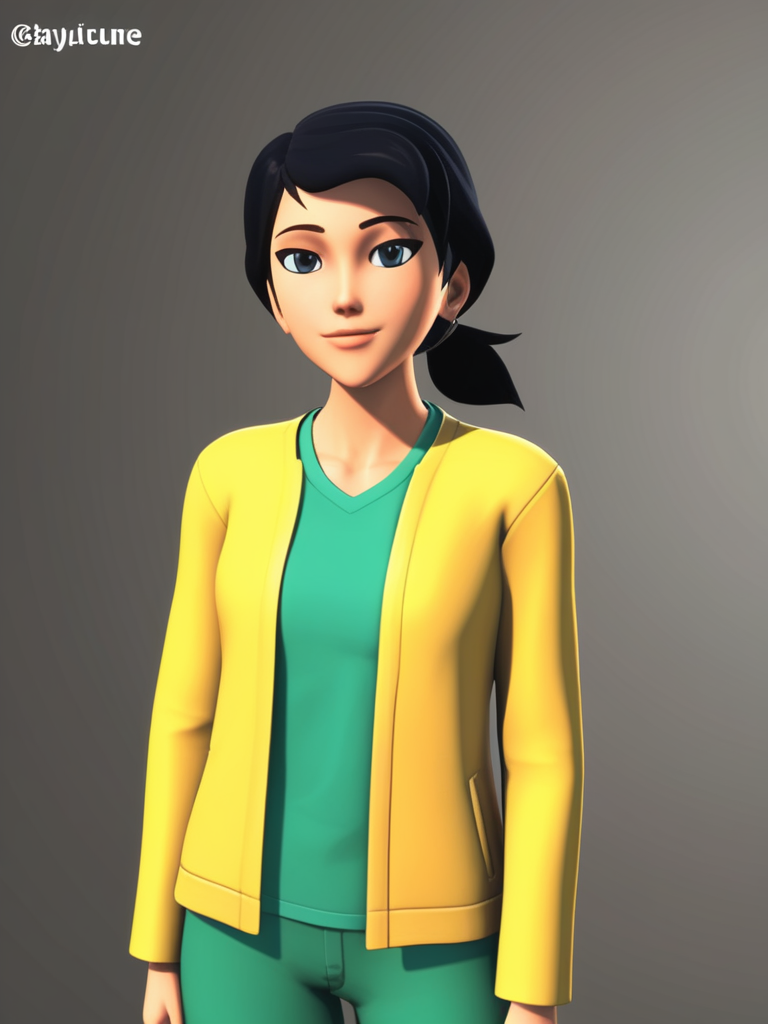 score_9, score_8_up, score_7_up, score_6_up, BREAK masterpiece, perfect face, perfect hands, high quality, source_cartoon, BREAK (1girl, solo,) <lora:June_Darby_-_Transformers_Prime:1> june, black hair, short hair, black eyes, low ponytail, (3D, cgi,)yellow open jacket, green shirt, green pants,