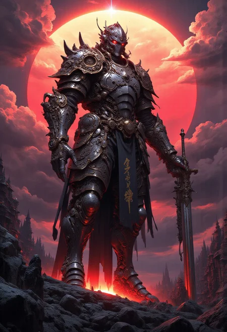 Sundawn, Landscape, towering Knight, heavy armored,Fantasy, dmsty, masterpiece, best quality, good quality, newest, highres, absurdres, solo, dark atmospheric, detailed, intricate, Orange-pink sun, Clouds, giant sword, Ethereal,
