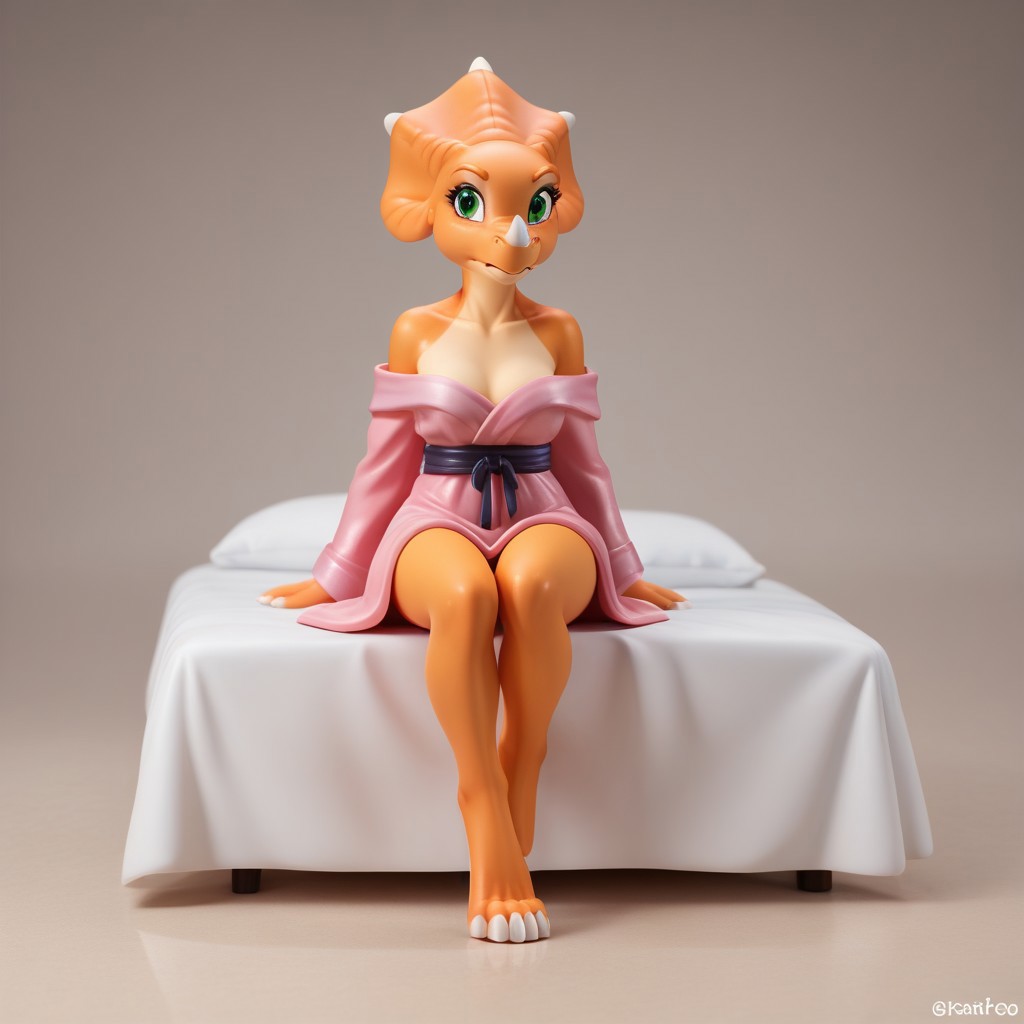score_9, score_8_up, score_7_up, score_6_up, score_5_up, score_4_up, source_furry, Ceralbta, anthro, female, triceratops, dinosaur, scalie, orange skin, green eyes, nose horn, digitigrade, sitting on the edge of bed, bedroom, legs cross, pink robe, off shoulders,