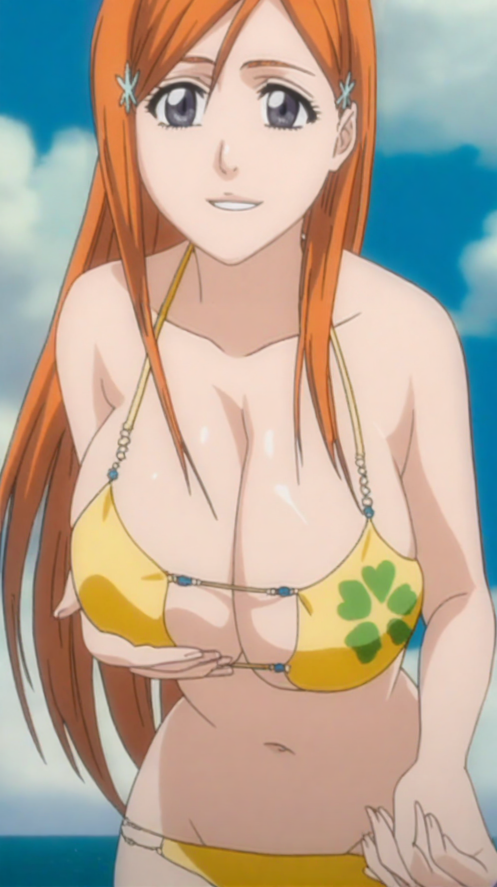 source_anime, score_9, score_8_up, score_7_up, anime screencap, high quality, 8k, absurdres, official style, <lora:Orihime_Inoue:1>, orihime inoue, orange hair, long hair, grey eyes, swimsuit outfit, breasts, large breasts, navel, cleavage, collarbone, swimsuit, bikini, yellow bikini, leaning forward, looking at viewer, smile, holding breasts, breasts in hands,