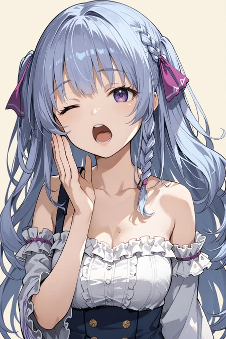 score_max, (score_9, score_8_up, score_7_up:1.2), score_6_up, official art, source_anime,
, masterpiece, absurdres, high detail, 8k,
light yellow background, upper body,
standing, hand up, yawning, one eye closed,
pixel art, felicette, side braid, hair ribbon, purple ribbon, collarbone, frills,
<lora:XL_Pony_game-marfushasg-felicette-t1:1>