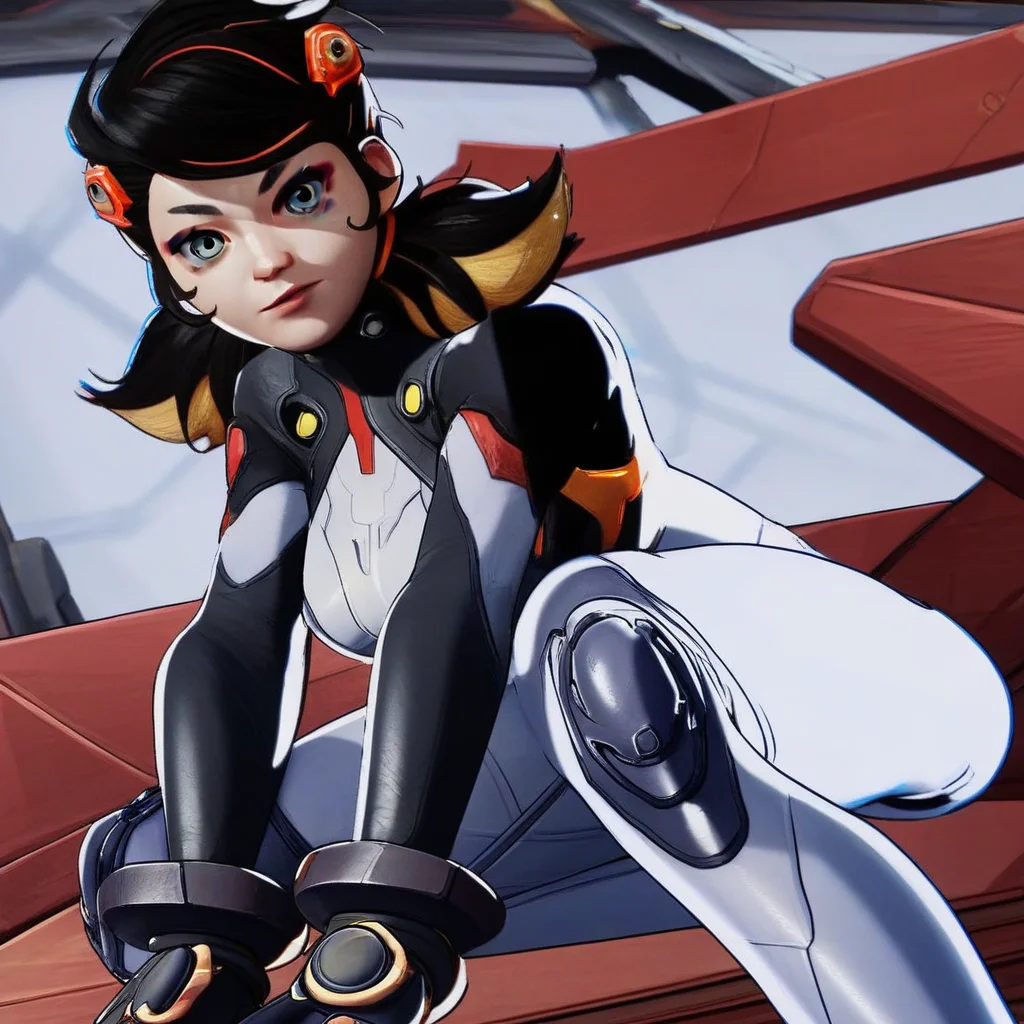 black hair, black gloves, Peni, blue eyes, long sleeve, white boots, yellow and red highlights in hair, black and white bodysuit, low pigtails, knee pads, 1girl