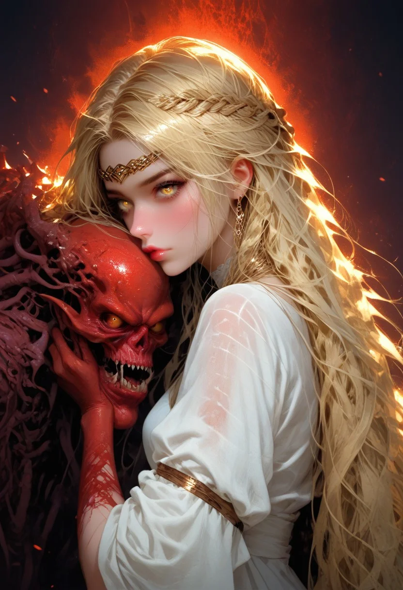 score_9, score_8_up, score_8, score_7_up, score_6_up, score_5_up, score_4_up, Expressiveh, 1girl, miquella, weapon, eldritch demon wings, solo, blonde hair, perfect face, sharp ears, red skin:1.2, demoness, super idol face, extremely beautiful, very aesthetic, crown braid,multiple braids,yellow eyes, looking at viewer, white robe, blood on robe, tainted robe, corruption, gloomy, massive eldritch star, gold armlet,circlet, expressionless, beautiful lips, ascension, hellfire background, looking down, arms forward hugging, soaring in the sky, ominous glowing eyes, perfecteyes