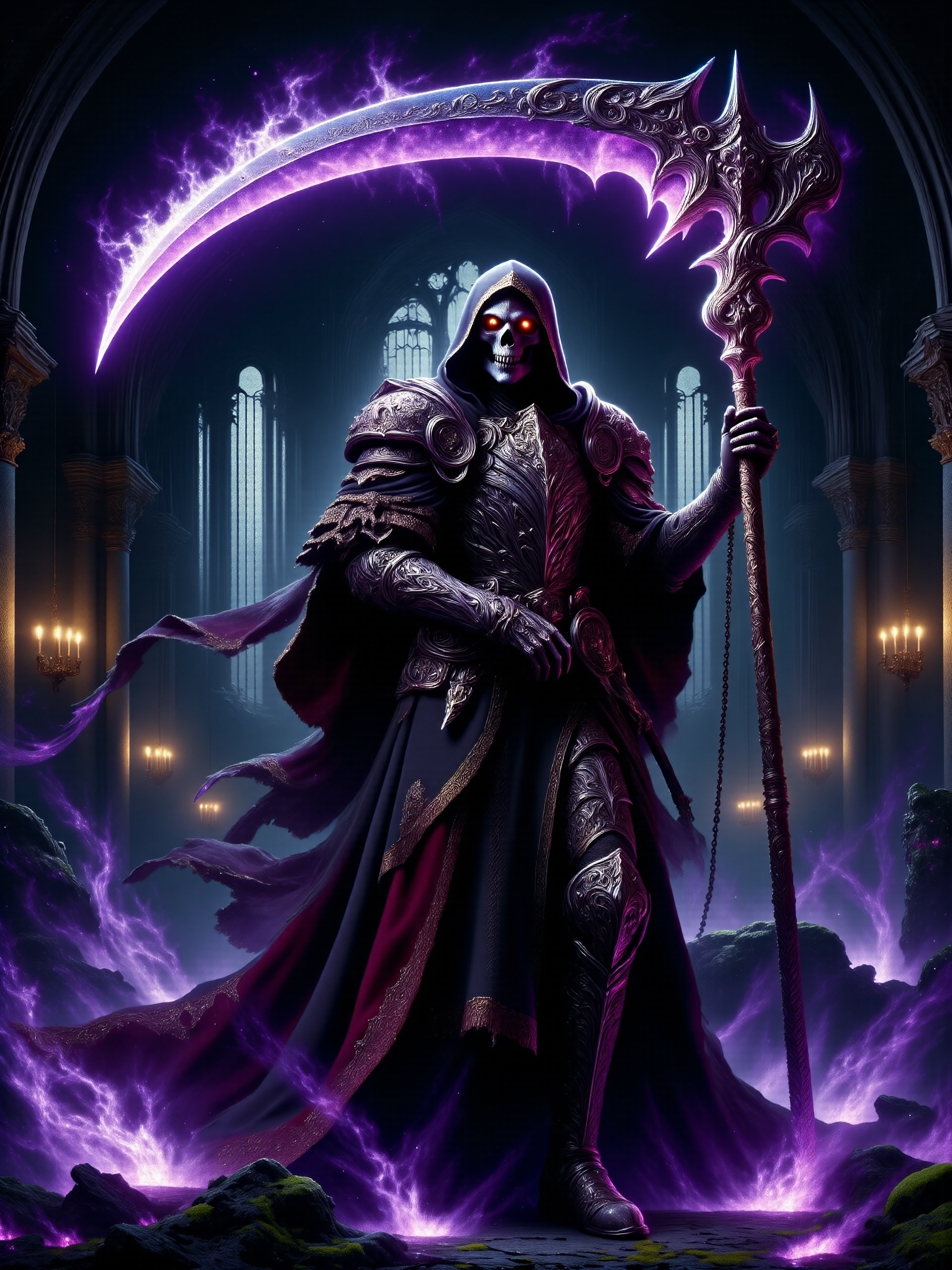 an atmospheric classical painting, dark night, full body view from a low angle, a towering undead knight holds a legendary war scythe, the blade describing a semicircle over his head, he is cloaked in an intricately decorated, ornate robe embroidered with occult symbols and arcane sigils, the imposing robe billows slightly around him, under the robe, he wears gleaming, ornate steel plate armor, including plate gloves and bootsâancient artifacts from a long-gone era, decorative spiked chains hang loosely from his robe, his hollow eyes burn with an unnatural, cold fire beneath a shadowy hood, casting a faint glow on his skull, the blade of the scythe is engulfed in eldritch purple to blue flames that lick and twist through the air, casting surreal light and dancing shadows onto the cobblestone floor below, the knight's posture is rigid and powerful, the background consists of a castle's grand hall with towering gothic arches and arched windows with stained glass, the gothic architecture looms above, its vastness stretching upward into darkness, ominous shadows creep along the walls and arches, adding depth and tension to the scene, the primary light source comes from the eldritch flames engulfing his scythe and the knight's unnaturally burning eyes, the environment looks ancient and ominous, with crumbling stone walls overgrown with dark green moss and otherworldly bioluminescent leafy vines glowing faintly with purple light, a very low-angle perspective looks up at the skeletal knight, emphasizing his intimidating size and power, perfectly symmetrical architecture, intricate details, detailed skeletal head wearing a hood, detailed background, dark corners, style of fritz zuber-buhler, <lora:style-fritz_zuber-buhler-flux-by_tangbohu:0.68> <lora:scythe-flux-by_hailoknight:0.72> <lora:image_enhancer-flux-by_dever:1.0>