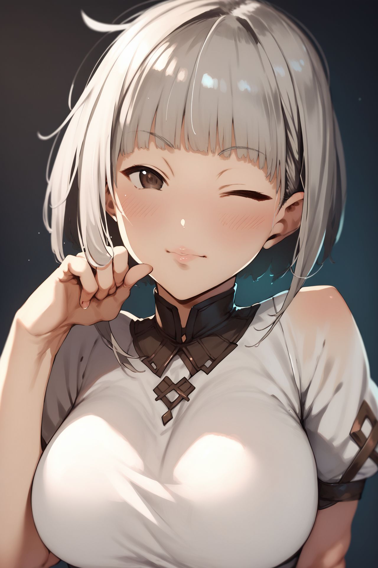 score_9, score_8_up, score_7_up, high resolution, 1girl, looking at viewer, one eye closed \(winking\), blush, grey hair, heavy fringe, dark brown eyes, large breasts, sidelighting,  <lora:pija_(pianiishimo)_PonyXL_style_v01.08.01:1>