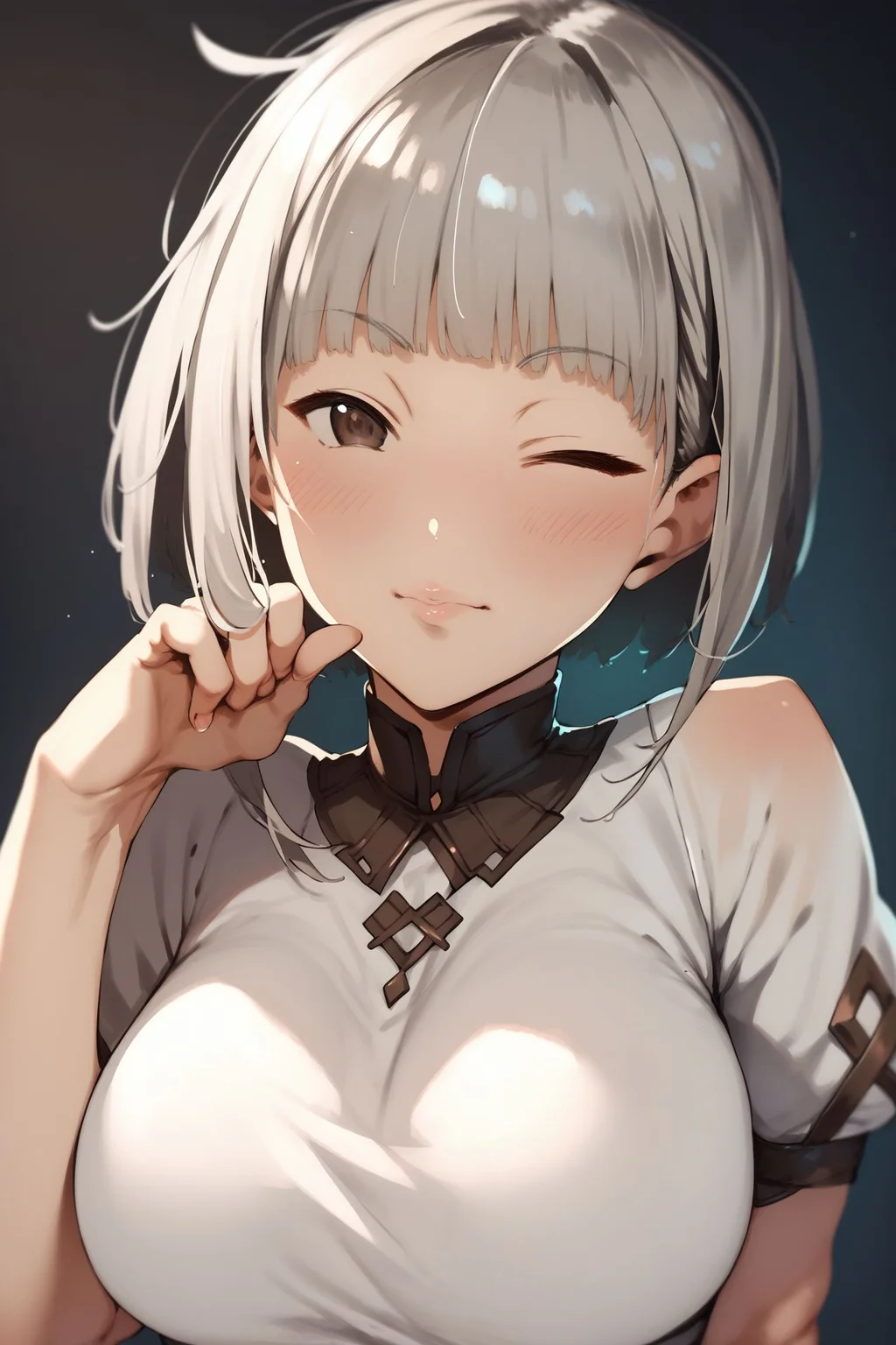 score_9, score_8_up, score_7_up, high resolution, 1girl, looking at viewer, one eye closed \(winking\), blush, grey hair, heavy fringe, dark brown eyes, large breasts, sidelighting, <lora:pija_(pianiishimo)_PonyXL_style_v01.08.01:1>