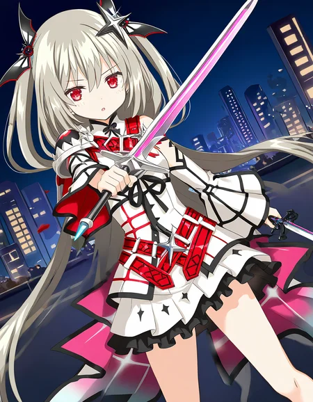 masterpiece, best quality, newest, absurdres, highres, safe, 1girl, irina kushu, magia record: mahou shoujo madoka magica gaiden, solo, holding sword, holding knife, outdoors, city, night, dutch angle, <lora:irina_kushu_noobaiXLNAIXL_vPred10Version:0.7>