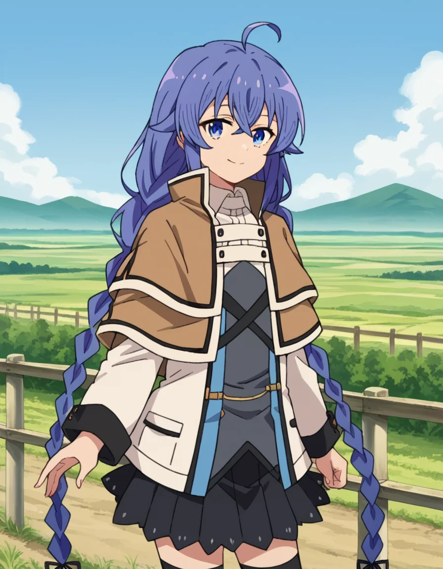score_9, score_8_up, score_7_up, source_anime,
roxymigurdia, <lora:roxy-migurdia-s1-ponyxl-lora-nochekaiser:1>,
roxy migurdia, ahoge, black ribbon, blue eyes, blue hair, braid, hair between eyes, hair ribbon, long hair, twin braids, very long hair,
black legwear, black skirt, capelet, jacket, brown jacket, long sleeves, miniskirt, open clothes, open jacket, pleated skirt, skirt, white capelet, white footwear, white jacket,
outdoors, landscape, farm, smile,
looking at viewer, dutch angle, cowboy shot,