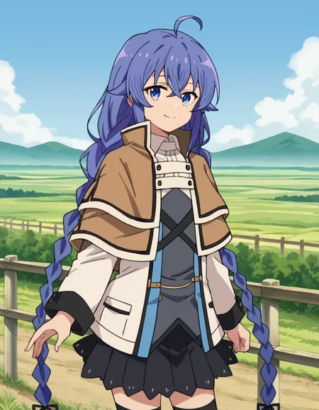 score_9, score_8_up, score_7_up, source_anime,
roxymigurdia, <lora:roxy-migurdia-s1-ponyxl-lora-nochekaiser:1>,
roxy migurdia, ahoge, black ribbon, blue eyes, blue hair, braid, hair between eyes, hair ribbon, long hair, twin braids, very long hair,
black legwear, black skirt, capelet, jacket, brown jacket, long sleeves, miniskirt, open clothes, open jacket, pleated skirt, skirt, white capelet, white footwear, white jacket,
outdoors, landscape, farm, smile,
looking at viewer, dutch angle, cowboy shot,
