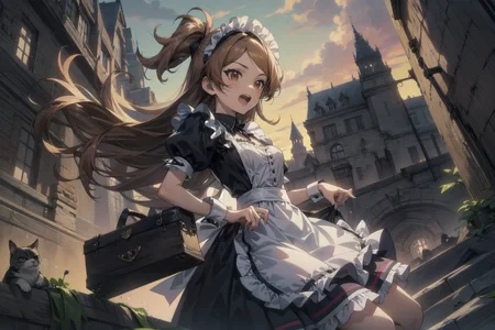 ((HDR, best quality, masterpiece, detailed, High Resolution)),4k wallpaper,perfect anatomy,correct anatomy,hands finger 5 digits,
cinematic angle,low angle,1 girl jumping,dynamic pose,styiish pose,fun,enjoy,cheerful,looking at viewer,
tamaki ogami \(million live\),little girl,small breasts,upper bob,cleavage ,cat like detailed brown eyes,open mouth,fang
maid,maid dress,floating hair,floating skirt,
fine derailed illustration,official illust,concept art,cute,kawaii,
<lora:Tamaki_Ogami:0.8>, <lora:victorian_maid-1.0:0.55>, <lora:add_detail:0.4>, <lora:perfect hands:0.7>, <lora:aesthetic_anime_v1s:0.7>,