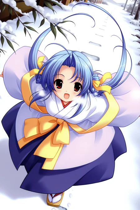 masterpiece, best quality, absurdres, official art, official style, rating general BREAK <lora:yunoha_IL_v1-2:0.7>, yunoha, 1girl, solo, blue hair, very long hair, parted bangs, hair intakes, twintails, twin braids, hair rings, ahoge, hair ribbon, yellow ribbon, flat chest,
snow, japanese clothes, open mouth, :d, from above, long sleeves, hair ribbon, twin braids, blush, twintails, tabi, miko, looking at viewer, looking up, outstretched arms, snowing, winter, footprints, sandals, very long hair, yellow bow, hakama skirt, outdoors, spread arms, happy, running, socks, wide sleeves, tree, day, breath, hair rings, full body, white kimono, purple hakama, yellow ribbon, arm ribbon, floating hair, wind lift, yellow sash, tengu-geta, white legwear, sleeves past wrists, light purple kimono, layered dress, jumping, dynamic pose, leaning forward