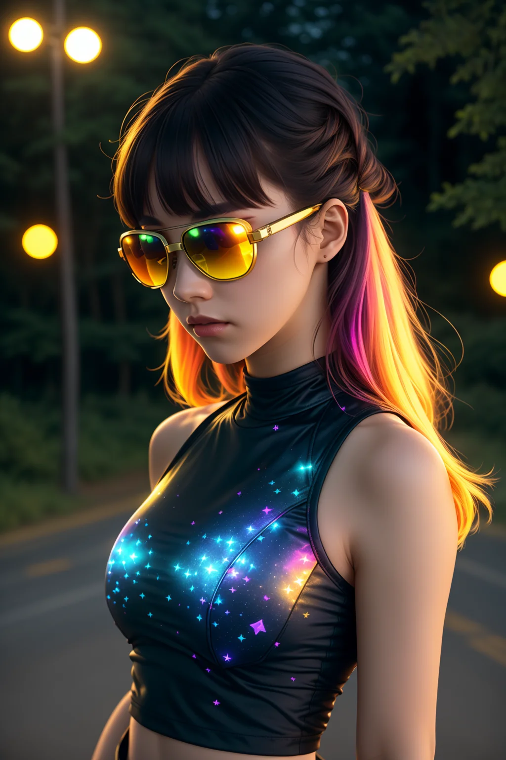 rgb, <lora:GamerFashion-rgb-V1:1>, from_above, crop top, detailed face, yellow bodycon tank top, hair, park, sky, trees, pale skin, moonlight, stars, 1girl, statement sunglasses, woman,petite, vivid colors, bokeh background, subject for emphasis,dramatic colors,