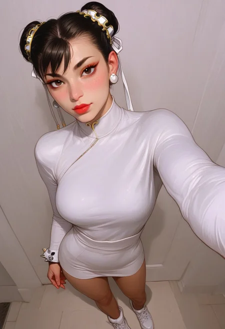 score_9, score_8_up, score_7_up, , solo, (18+),, ( cute:1.3), (chun-li :1.5), (seductive expression:1.3), (wearing costume, dress,:1.5,), (unique fashion and hairstyle:1.5), , (black eyes), (big eyes:1.1), (Expressiveh,Beuty), (realistic photograph style, realism, realistic illustration:1.5), freckles, beautiful skin complexion,(skinny,petite:1.2), super model, (standing:1.3), , (selfie pov:1.3),, looking at viewer, teasing viewer, (muscular:1.3), (toned legs:1.6) (full body shot:1.3),