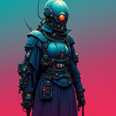 cybersociety style, samurai, A futuristic astronaut in a suit with a helmet and goggles, holding a gun and a phone, stands in a futuristic environment with a blue and red gradient background., solo, holding, standing, armor, gradient background, helmet, robot, science fiction, cable, cyberpunk, wire, tube