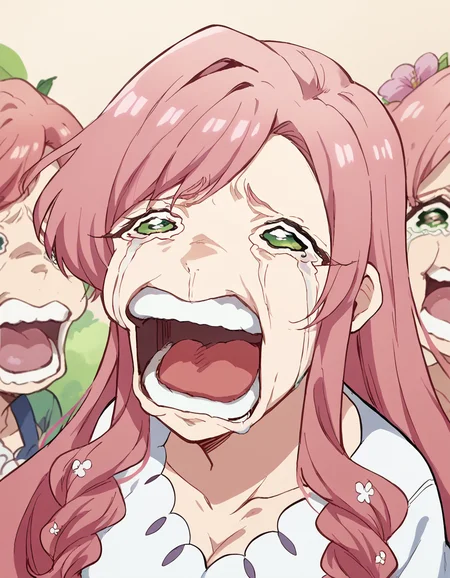 score_9, score_8_up, score_7_up, source_anime, <lora:hahari-hanazono-ponyxl-lora-nochekaiser:1>, hahari hanazono, long hair, bangs, green eyes, pink hair, flower, hair flower, large breasts,, <lora:chopper-crying-ponyxl-lora-nochekaiser:1> chopper crying, chopper crying (meme), meme, wavy eyes, crying, tears, teeth, open mouth, tongue,, ,