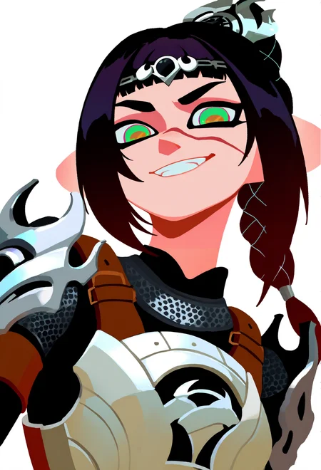 1girl, solo, shadowheart, black hair, braided ponytail, green eyes, scar on face, circlet, armor,
smile, looking at viewer, upper body, simple background, white background,
best quality, amazing quality, very aesthetic, absurdres, splatoon, <lora:Splatoon_byKonan:1>  <lora:ShadowHeartIllustrious_byKonan:0.8>