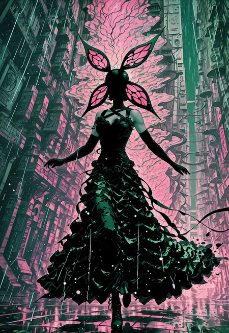 [wow such stack],
solo, (running:1.3, three quarter view), rain,
1girl, (dgram4aria:1.3), black dress, dress, elbow gloves, no eyes, flowing dress, very long dress,
(detailed background:1.1),
0010011_illu, mhh, MythAn1m3, contrast, limited palette, pink, green, sci-fi, illustration, retro, [abstract],
backlighting, particles, intricate, cinematic, dynamic, action,
newest, highres, absurdres, amazing quality, best quality, ultra-detailed