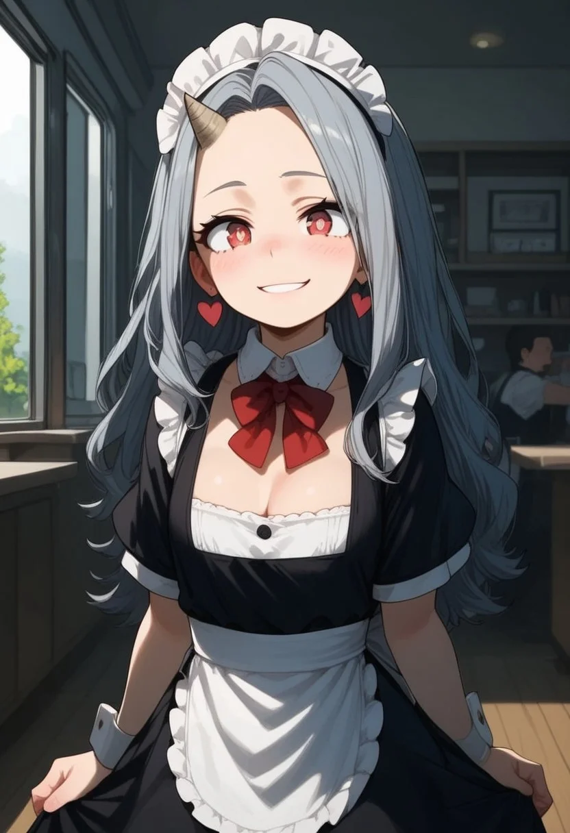 score_9, score_8_up, score_7_up, source_anime, 
BREAK,
HDA_MasterpieceXL_v.1,
BREAK
1girl:   Eri  ,<lora:Eri-v:1>,Eri, long hair, red eyes, gray hair, horn, a single horn, small horn on the forehead, horn on the right side,petite,short stature,
BREAK
inside, maid cafe, cups, Standing,
BREAK
, cleavage, apron, wrist cuffs, black maid,black skirt, maid headdress, enmaided, smug, White stockings, waitress slippers,pose sexy
BREAK
, hands behind back
BREAK
lust, hearts in the pupils, euphoria