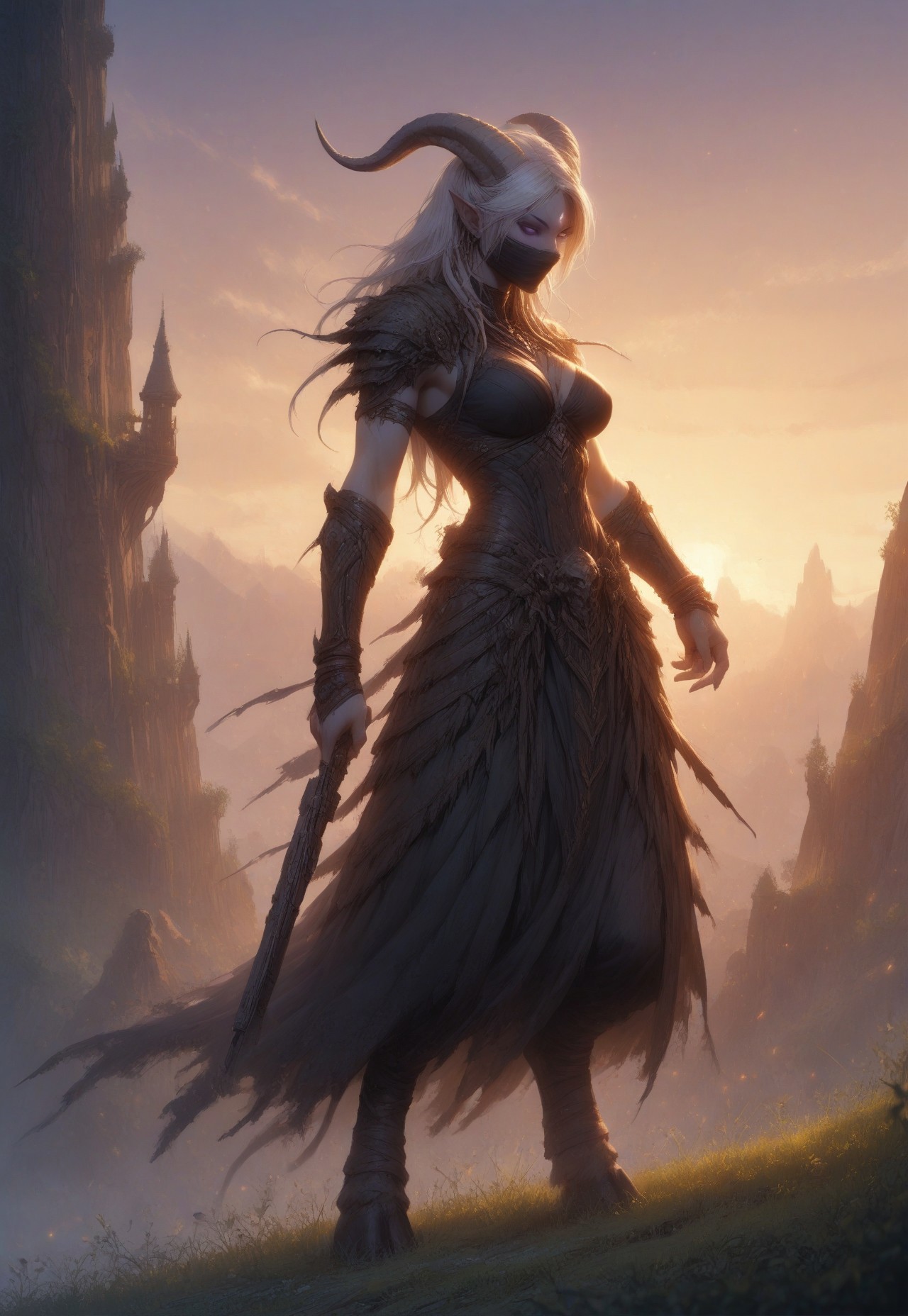 (absurdres, best quality, masterpiece:1.4), score_9, score_8_up, score_7_up, score_6_up, detailed, detailed body, detailed face, world of warcraft, fantasy, 

fFaceDetail, SkinDetail, ((female, draenei, tall, athletic arms, pale white skin, smooth skin, long white hair, purple eyes, no pupil, no sclera, long white tail), (h0rns, ram horns, white horns), 
(long fingers, purple fingernails, purple nail polish)), 

(long loose black dress, simple armlet, black facemask, yellow silk scarf), GunMonk, shotgun, holding shotgun,

full body, side view

outdoor, evening, mountains, sunset