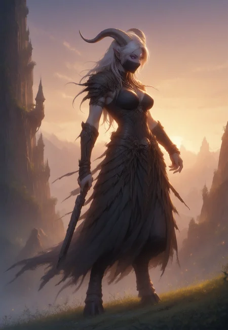 (absurdres, best quality, masterpiece:1.4), score_9, score_8_up, score_7_up, score_6_up, detailed, detailed body, detailed face, world of warcraft, fantasy,
fFaceDetail, SkinDetail, ((female, draenei, tall, athletic arms, pale white skin, smooth skin, long white hair, purple eyes, no pupil, no sclera, long white tail), (h0rns, ram horns, white horns),
(long fingers, purple fingernails, purple nail polish)),
(long loose black dress, simple armlet, black facemask, yellow silk scarf), GunMonk, shotgun, holding shotgun,
full body, side view
outdoor, evening, mountains, sunset