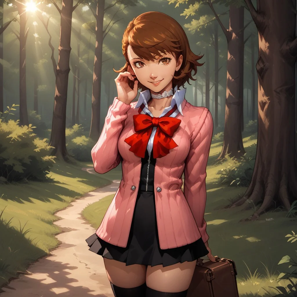 score_9, score_8, BREAK, solo, Yukari_Takeba_(Persona_3), brown hair, white heart choker, pink striped jacket, red bow tie, short black skirt, knee highs, black socks, brown shoes, self portrait, smile, looking at viewer, outdoors, sunlight, shadows, evening lighting, natural lighting, forest, trees, grass, orange sky, sunset