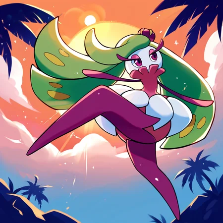 score_9_up, score_8_up, score_7_up, best quality, masterpiece, source_anime, soft shading, motion lines, blue background, palm trees, clouds, sun, sun rays, BREAK 1girl, solo, tsareena, pokemon_(creature), flora fauna, green hair, long hair, wide hips, white head, eyelashes, pink eyeshadow, purple eyes, thick thighs, jumping, legs up, kicking:1.8, action pose, looking up, <lora:PDXL_Tsareena_PKMN:0.9>