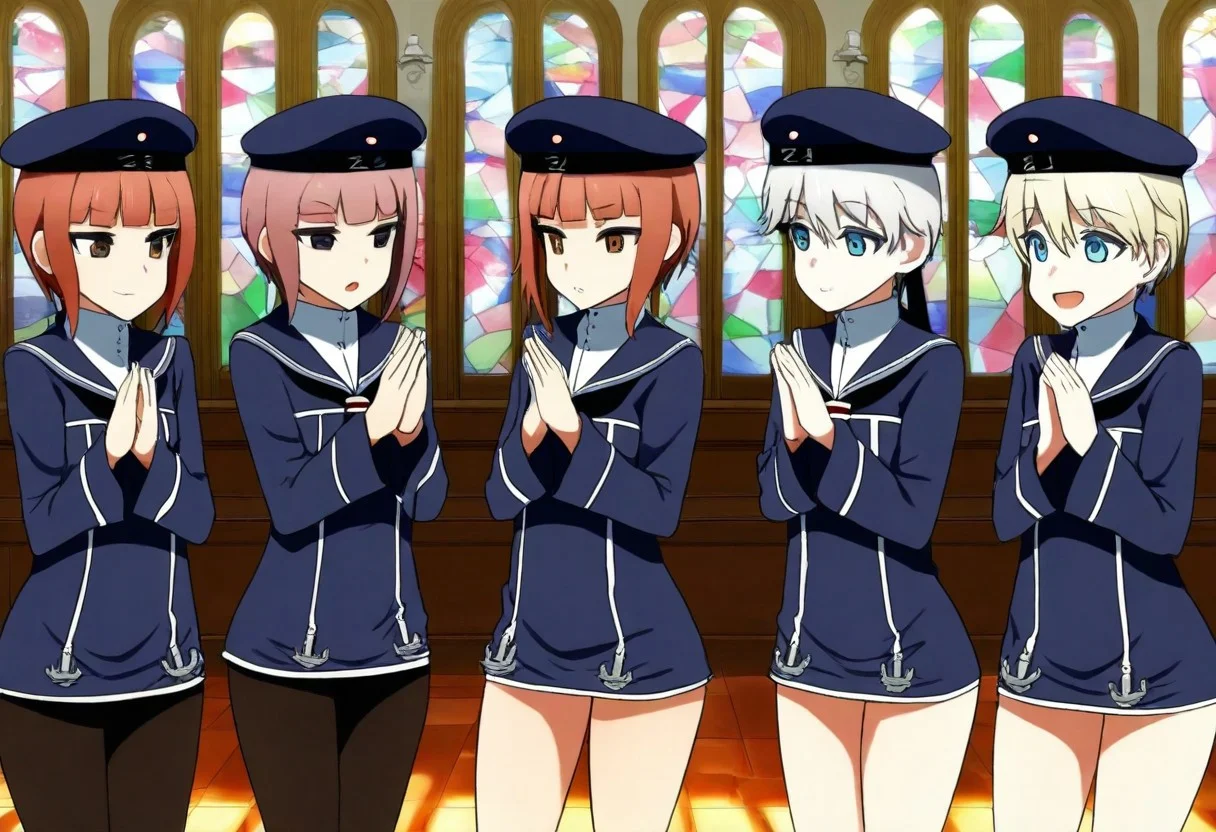 , masterpiece, best quality,amazing quality, highest score, absurdres, duo femboy, 
sailor collar, short hair,otoko no ko, z1 leberecht maass (kancolle), tights, male focus, sailor dress, blue hat, cowboy shot, z3 max schultz (kancolle), shorts, sfw, praying at church, 
 <lora:[Fatalpulse (Asanagi)] DANKE DANKEI REVOLUTION (Kantai Collection -KanColle-) Doujin Style Illustrious:1>,