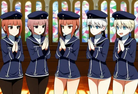 , masterpiece, best quality,amazing quality, highest score, absurdres, duo femboy, 
sailor collar, short hair,otoko no ko, z1 leberecht maass (kancolle), tights, male focus, sailor dress, blue hat, cowboy shot, z3 max schultz (kancolle), shorts, sfw, praying at church, 
 <lora:[Fatalpulse (Asanagi)] DANKE DANKEI REVOLUTION (Kantai Collection -KanColle-) Doujin Style Illustrious:1>,