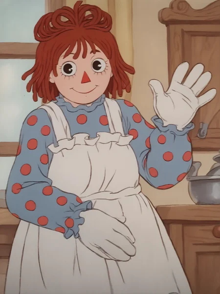 score_9, score_8_up, score_7_up, score_6_up, BREAK, RaggAnn, 1girl, solo, red hair, smile, apron, black eyes, polka dot, blue dress, white gloves, raise left hand, waving, looking at viewer, <lora:Raggedy_Ann-000009:1>