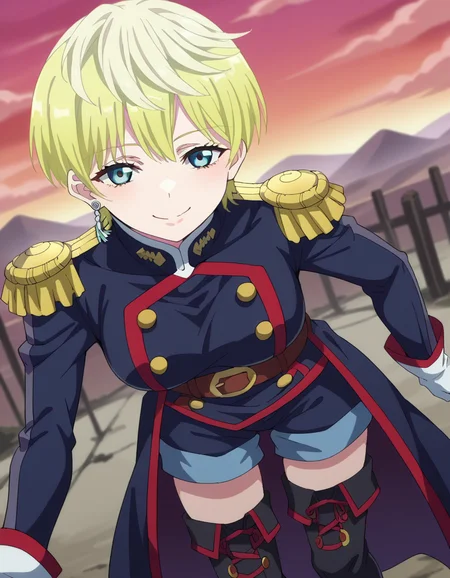 score_9, score_8_up, score_7_up, source_anime,
tenkaizumo, <lora:tenka-izumo-s1-ponyxl-lora-nochekaiser:1>
tenka izumo, short hair, blue eyes, blonde hair,
thighhighs, gloves, jewelry, earrings, boots, shorts, belt, uniform, military, military uniform, thigh boots, epaulettes,
outdoors, wasteland, bent over, smile,
looking at viewer, cowboy shot, dutch angle, solo,