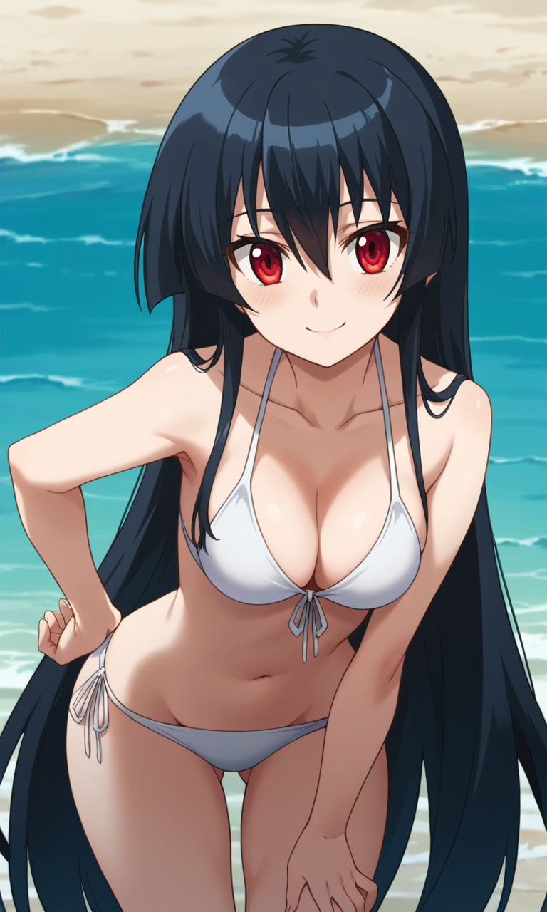 score_9, score_8_up, score_7_up, 1girl, akame, red_eyes, black_hair, very_long_hair, hair_between_eyes, medium_breasts, beach, water, white_bikini, looking_at_viewer, cleavage, leaning_forward, hand_on_own_hip, blush, smile,