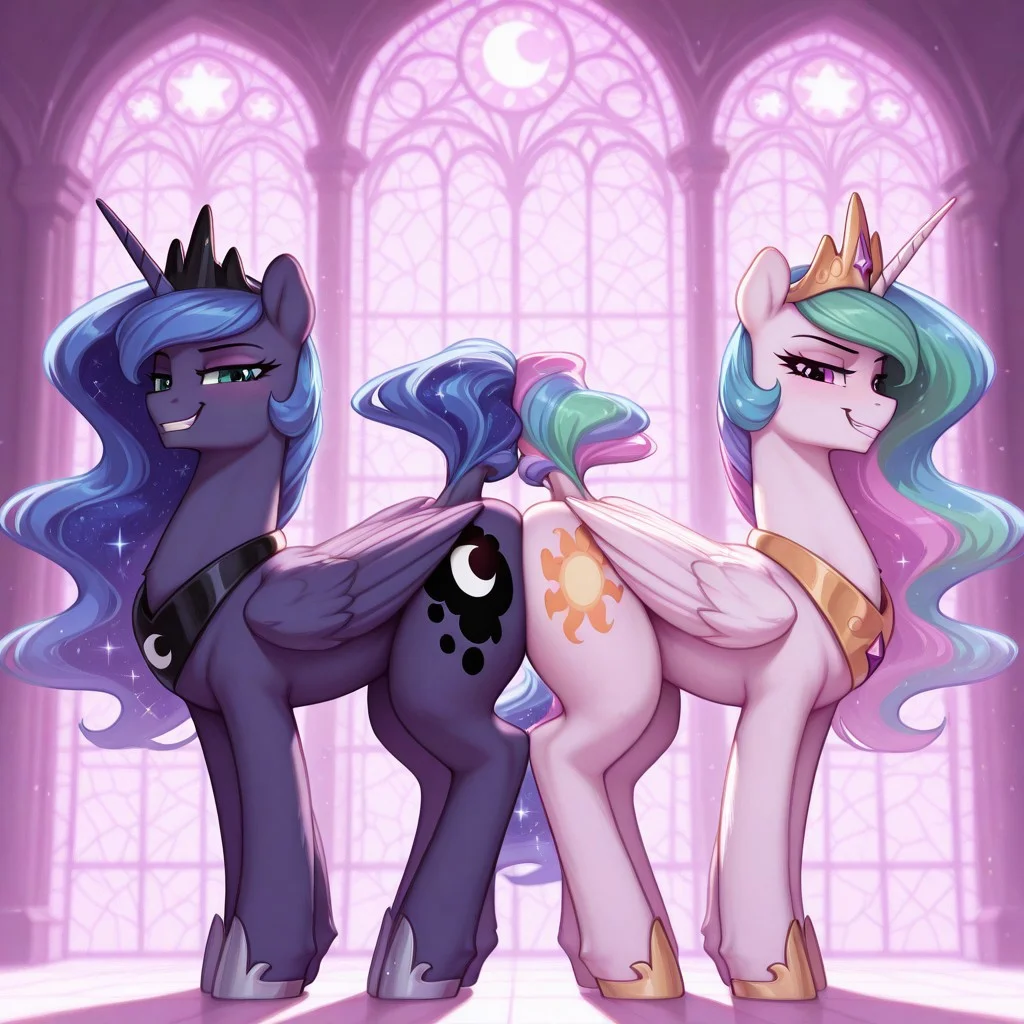 (masterpiece, best quality, very aesthetic, absurdres, vibrant saturated colors, volumetric lighting), BREAK,
background, castle, stained glass, standing, side view, full body, ass-to-ass, pressing asses, long body, BREAK
princess celestia, pony, alicorn, white fur, purple eyes, multicolored hair, long tail, crown, (feral, quadruped:1.3), horn, feathered wings, spread wings, sfw, muscular legs, curvy, cutie mark, looking at viewer, smug grin, seductive look, pony face, detailed body fur, detailed fur, fluffy fur, thick fur, feminine pose, BREAK
princess Luna, pony, alicorn, dark blue fur, blue eyes, starry hair, purple eye shadow, long tail, crown, (feral, quadruped:1.3), horn, feathered wings, spread wings, sfw, muscular legs, curvy, cutie mark, looking at viewer, smug grin, seductive look, pony face, detailed body fur, detailed fur, fluffy fur, thick fur, feminine pose