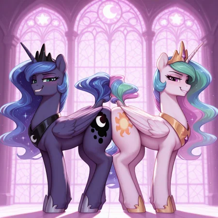 (masterpiece, best quality, very aesthetic, absurdres, vibrant saturated colors, volumetric lighting), BREAK,
background, castle, stained glass, standing, side view, full body, ass-to-ass, pressing asses, long body, BREAK
princess celestia, pony, alicorn, white fur, purple eyes, multicolored hair, long tail, crown, (feral, quadruped:1.3), horn, feathered wings, spread wings, sfw, muscular legs, curvy, cutie mark, looking at viewer, smug grin, seductive look, pony face, detailed body fur, detailed fur, fluffy fur, thick fur, feminine pose, BREAK
princess Luna, pony, alicorn, dark blue fur, blue eyes, starry hair, purple eye shadow, long tail, crown, (feral, quadruped:1.3), horn, feathered wings, spread wings, sfw, muscular legs, curvy, cutie mark, looking at viewer, smug grin, seductive look, pony face, detailed body fur, detailed fur, fluffy fur, thick fur, feminine pose