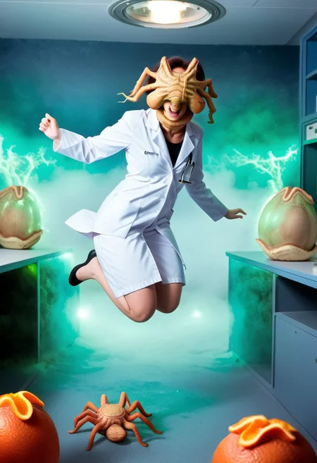 fchgr, blood orange style, xenoegg, view of a group of hatched xenoeggs, xenoeggs made of orange peel, horror theme, green light, space station interior, foggy ground, beautifully lit,
Female Doctor in lab coat with facehugger jumping at her, facehugger, alien facehugger