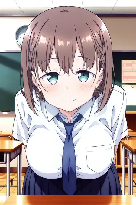 anime screenshot, 1girl, solo, ai-chan (tawawa), brown hair, short hair, braid, hair ornament, aqua eyes, large breasts, school uniform, white shirt, collared shirt, short sleeves, blue necktie, blue skirt, pleated skirt, looking at viewer, smile, leaning forward, cowboy shot, indoors, classroom, desk, masterpiece, best quality, high quality, highres, absurdres, <lora:ai-chan_tawawa-s1_ILXL:0.9>