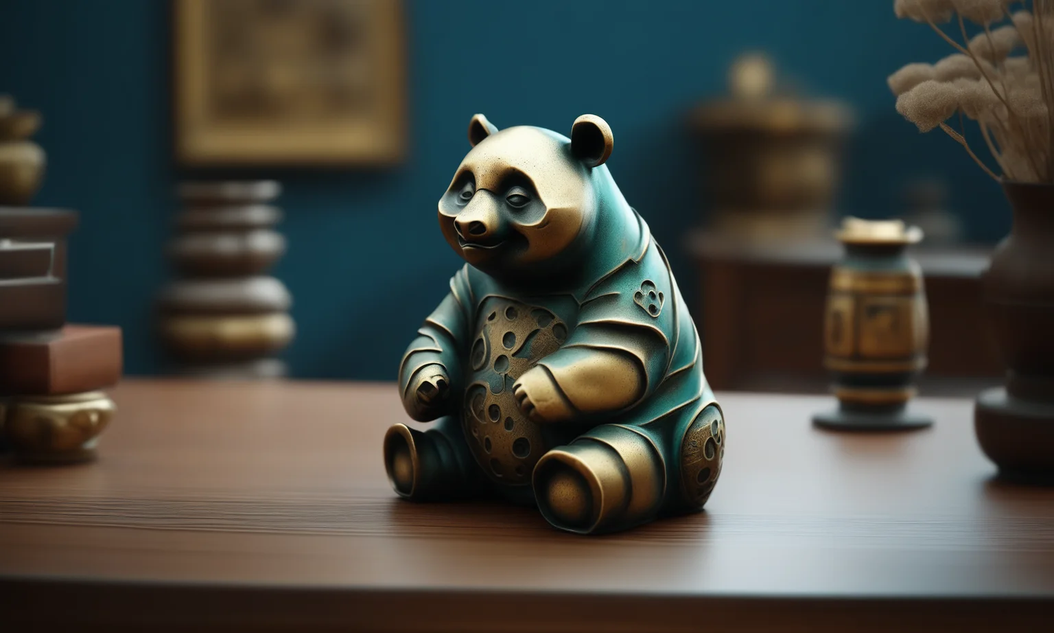 <lora:bronzecd_xl-000006:0.9>,a handmade sculpture of a panda made of (cyan:0.5) bron in office scene,full body,bronzecd_xl,miniature,tilt-shift,indoors,chinese zodiac,wooden table,cutie,cute,still life,animal statue,front view,facing viewer,looking at viewer,(Unbelievable Digital Artwork:1.3),CGSociety,ArtStation,master works, 8K, HDR, UHD, masterpiece, best quality, highly detailed, high resolution, finely detail, extremely detailed, ultra detailed, wallpaper