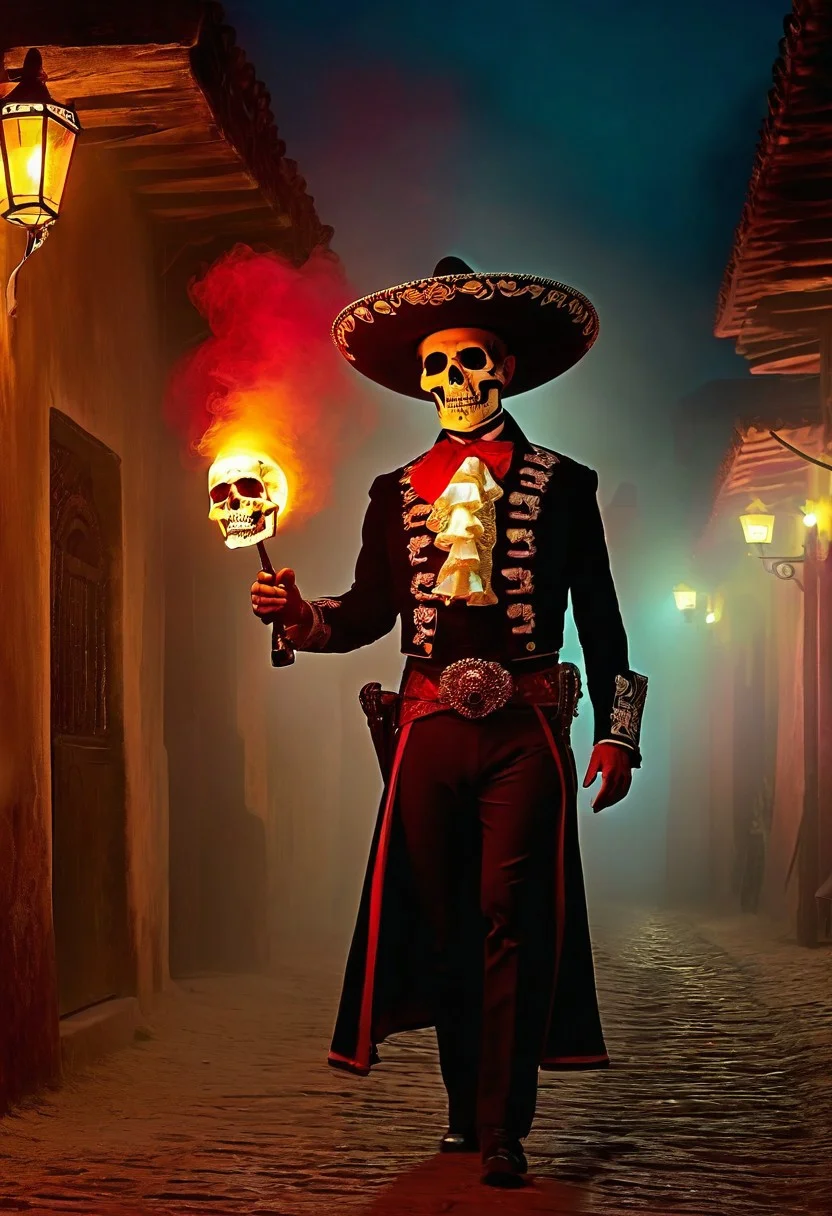 old town, intense fog, midnight light, tall man, Mariachi, a skull head, red shining eyes, smok from the mouth, walking, footsteps of fire
