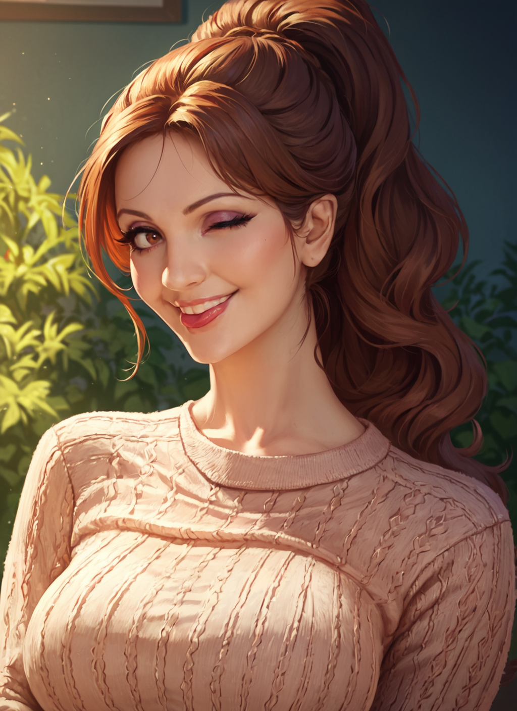score_9, score_8_up, score_7_up, score_6_up, source_anime, anime 2d, 1girl, solo, sultry look, uncensored, high ponytail, looking at viewer, sweater, cowboy shot,
beautiful girl,  <lora:DMilani-V2:1> dmilani, brown eyes, smile, (tongue out), one eye closed,