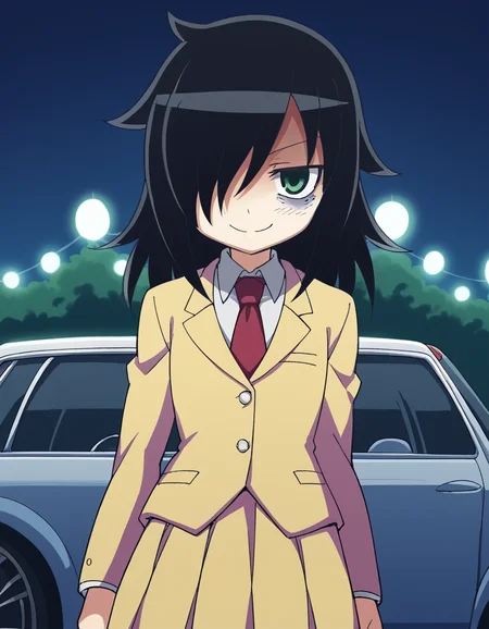 score_9, score_8_up, score_7_up, source_anime, <lora:tomoko-kuroki-s1-ponyxl-lora-nochekaiser:1>, tomoko kuroki, long hair, black hair, green eyes, hair over one eye, bags under eyes,, skirt, school uniform, necktie, blazer,, gas station, pumps, car, fuel, lights, , <lora:seductive-smile-ponyxl-lora-nochekaiser:1>, seductive smile, come hither, naughty face,, looking at viewer, solo,, dutch angle, cowboy shot