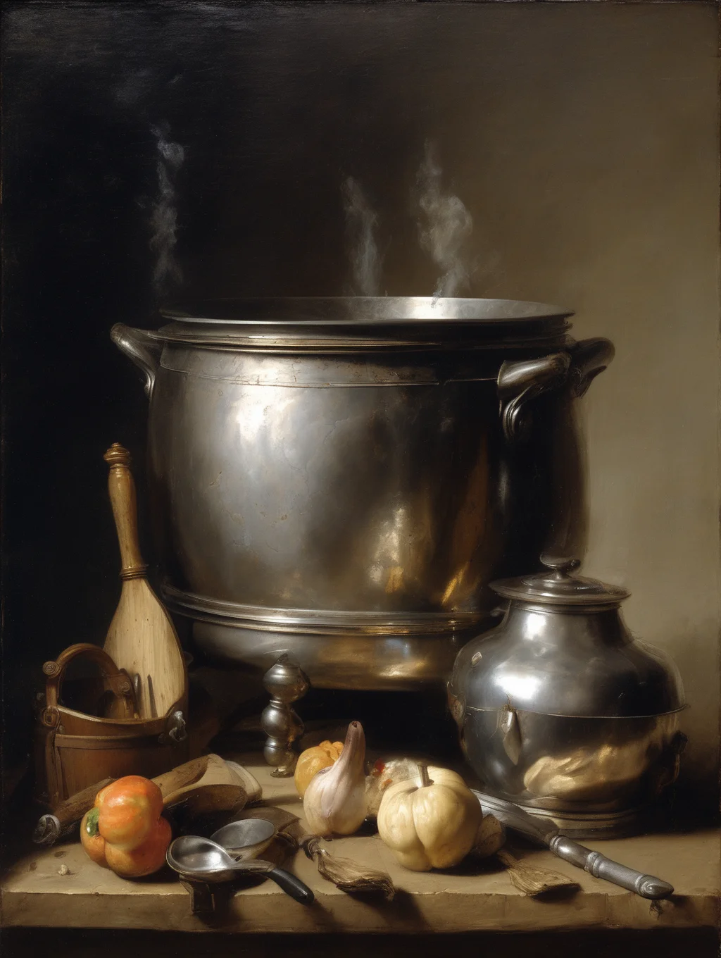 <lora:Jean-Baptiste-Simeon Chardin Style:1>Jean-Baptiste-Simeon Chardin Style - Tableau of cooking utensils and a giant silver pot, steamy, for cooking in the style of Jan Frans Van Dael