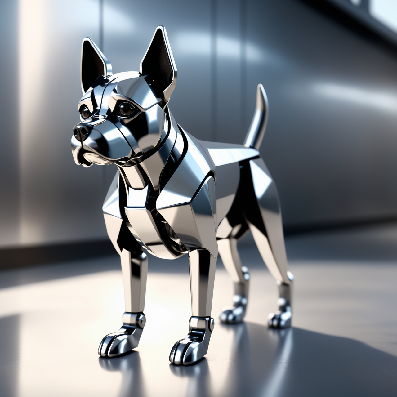 a dog made out of Jed-Steel, masterpiece, wallpaper engine, octane render ,  <lora:PolishedSteelStyle:0.7>