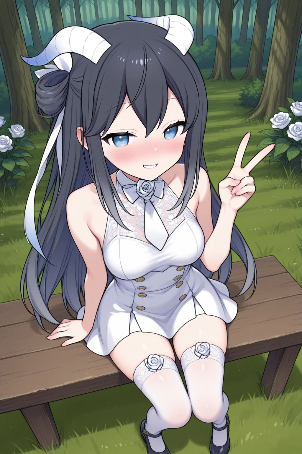 masterpiece,best quality,amazing quality, CesarPinessVTILXL, blue eyes, black hair, long hair, hair between eyes, white horns, white ribbon, ribbon hair, medium breasts, white rose, white necktie, white dress, sleeveless, white skirt, white thighhighs, black footwear, solo, sitting, above view, peace sign, seductive smile, looking at viewer, naughty face, nose blush, forest, tree <lora:CesarPinessVTILXL:1>